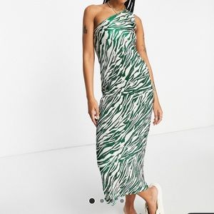ASOS DESIGN Plisse One Shoulder Midi Dress in Green and Cream Zebra